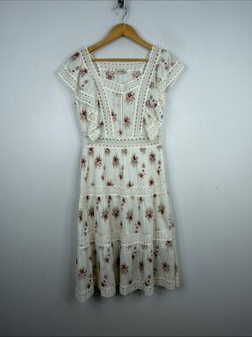 Dixie Dress Womens Small 40 Cream Pink Floral Cotton Lace Crochet Midi Romantic